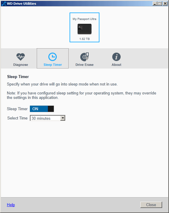 WD Drive Utilities - Sleep Timer
