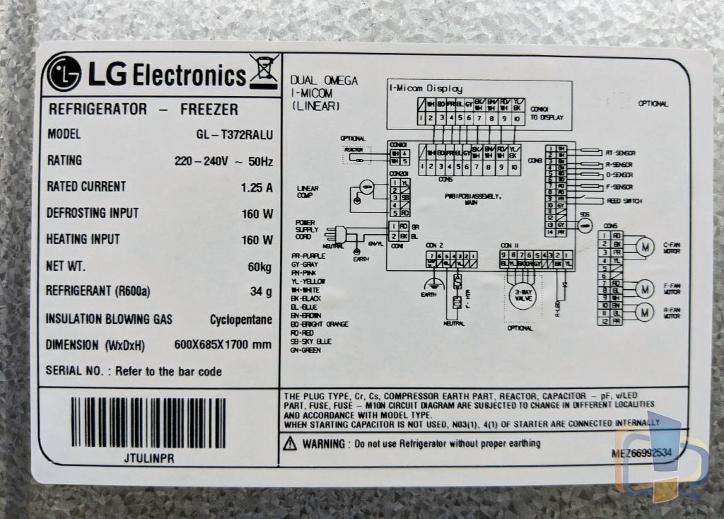 LG Inverter Linear Refrigerator Specs